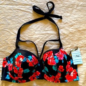 New NWT Pour Moi black/red floral print strappy bikini top Sz 36 D
